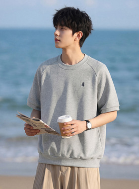 质感空气层短袖T恤男夏季老钱风撞色刺绣半袖罗纹拼接宽松体恤衫