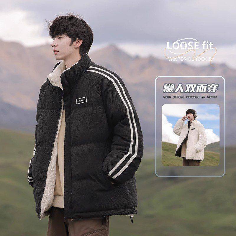 双面穿立领棉服男冬季加绒加厚羊羔毛棉衣外套灯芯绒羽绒棉袄