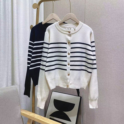 orange desire简约撞色条纹针织开衫女2023秋季新款复古金扣毛衣