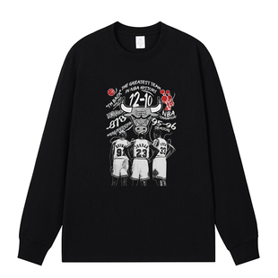 公牛王朝三巨头美式复古T恤春秋款篮球长袖纯棉运动健身直喷定制