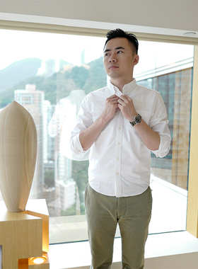 小溪白色纯棉牛津纺衬衫男长袖修身青年条纹休闲余文乐潮流白衬衣