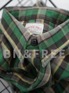 复古休闲衬衣 纯棉修身 BF原创自制春秋复古咔叽撞色格子衬衫 男长袖