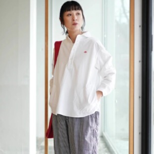 26日系DANTON刺绣竖条纯色衬衫牛津纺宽松复古口袋青果领衬衣男女