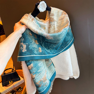 绿色油画风围巾女2025秋冬季新款高档送礼长辈多功能披肩保暖围脖