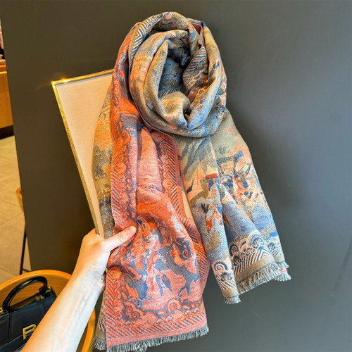 敦煌壁画中国风仿羊绒围巾披肩女