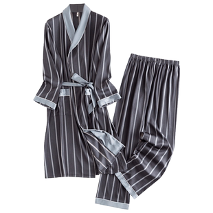 春秋季男士冰丝睡袍睡衣夏季仿真丝绸长款浴袍男条纹薄款长袖套装