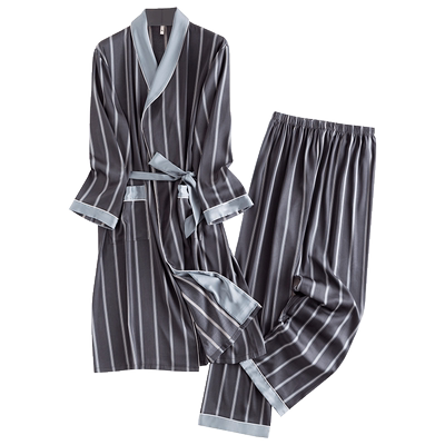 春秋季男冰丝睡袍仿真长款