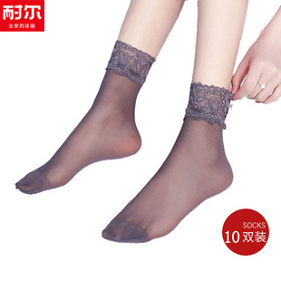 耐尔10双包邮夏季透明蕾丝花边短袜纯色包芯丝女短丝袜子防滑0500