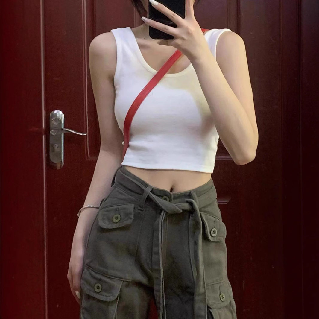 新品夏季外穿无袖露肚脐女学生运动短款吊带背心打底衫上衣女背心