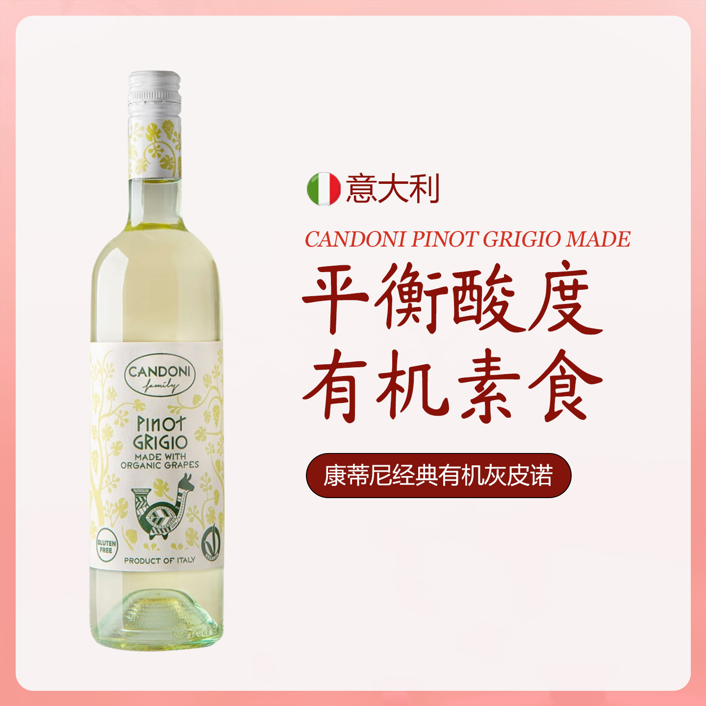 意大利进口康蒂尼DOC经典灰皮诺干白葡萄酒有机素食认证candoni