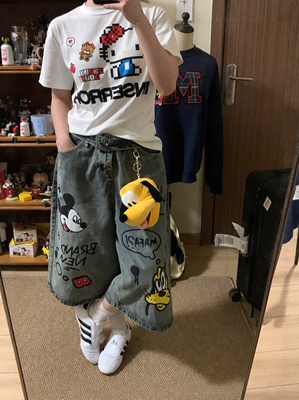 复古米奇美式涂鸦印花做旧牛仔短裤男宽松直筒阔腿潮流七分裤女