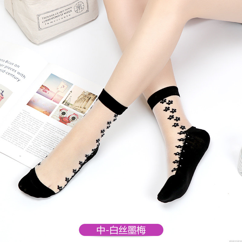 水晶丝袜玻璃袜棉底防滑中筒袜子女士绣花冰丝袜花卉甜美薄款夏袜
