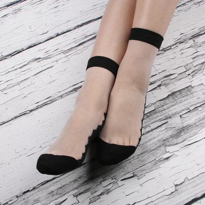 水晶丝黑色透明防滑高腰中筒袜