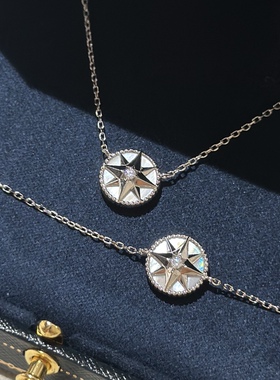 天然白贝母罗盘八芒星项链通体925纯银圆形小巧锁骨链女气质优雅