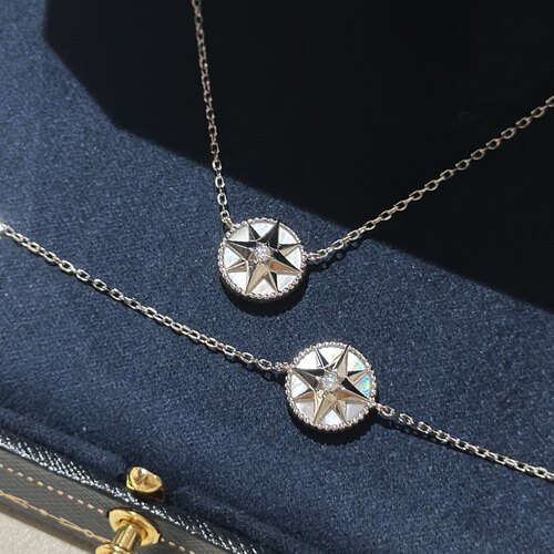 天然白贝母罗盘八芒星项链通体925纯银圆形小巧锁骨链女气质优雅