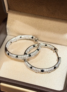 新款黑色豹纹耳环满钻通体925纯银耳圈女重工打造复古优雅气质