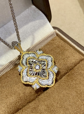 新款布契风歌剧院蕾丝复古菱形项链通体925纯银拉丝镂空四叶草