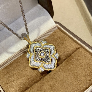 新款布契风歌剧院蕾丝复古菱形项链通体925纯银拉丝镂空四叶草