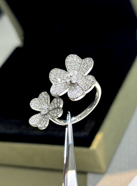 欧美时尚双花三叶草戒指开口通体925纯银女戒轻奢配饰明星同款