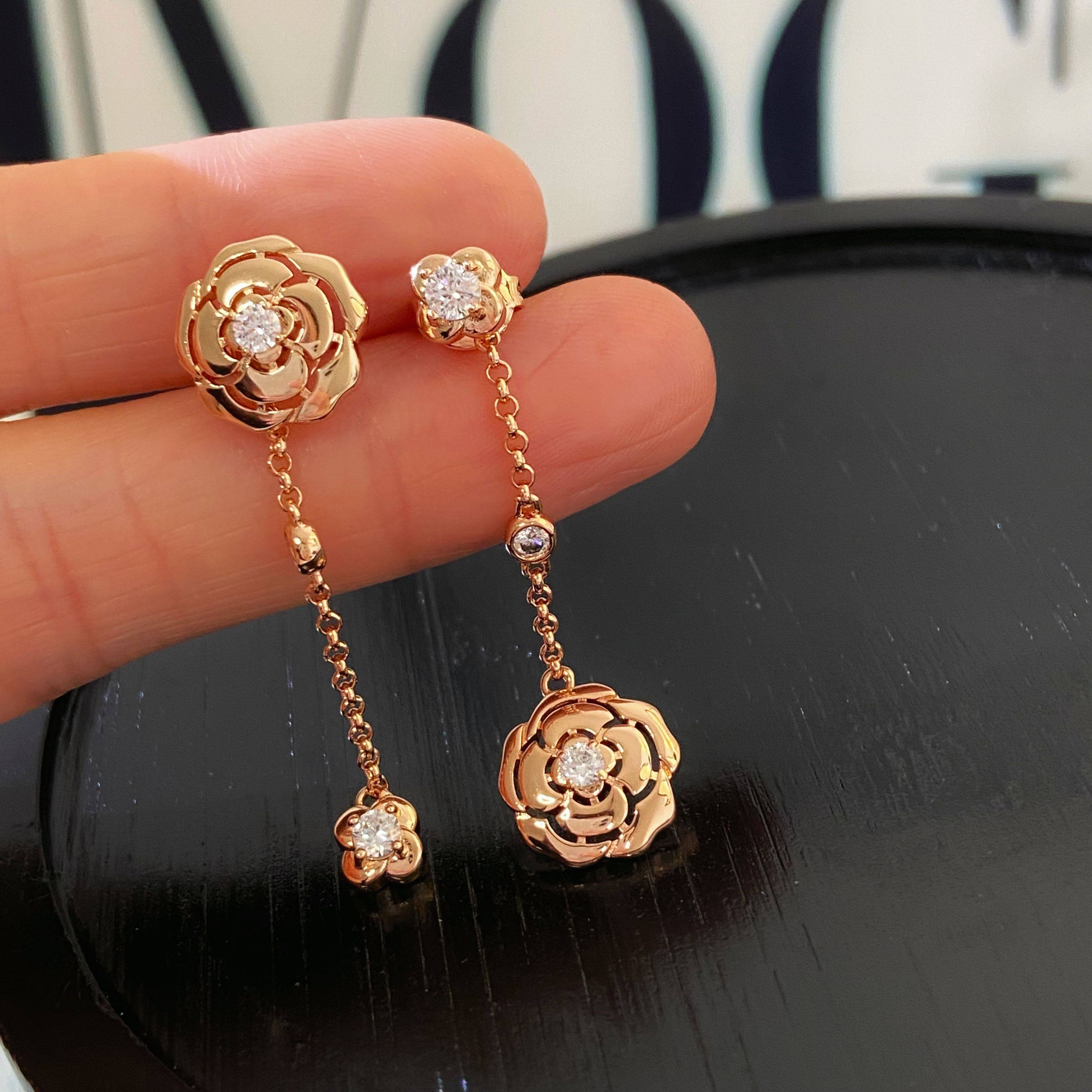 小香风长款流苏山茶花耳环玫瑰金不对称高品质花朵单钻轻奢耳钉