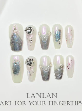 穿戴甲美甲纯手工法式气质高级感冰透猫眼美甲爆闪【蓝色鱼尾】
