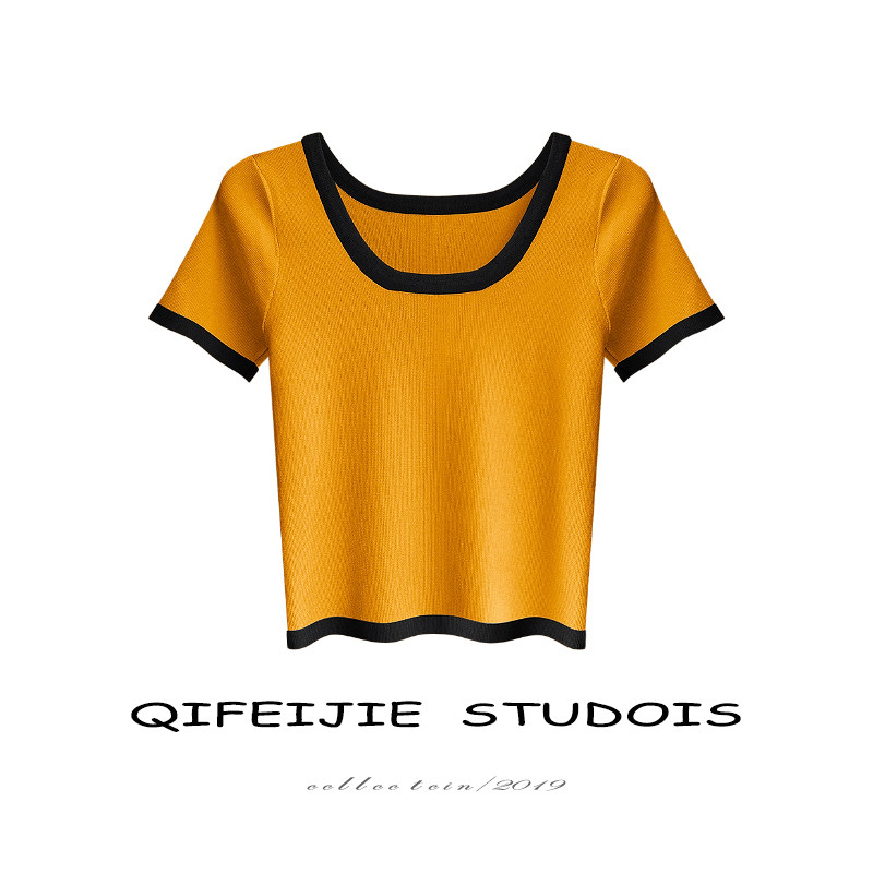 韩版ins复古冰丝针织打底衫女夏T恤方领撞色拼接短款高腰露脐上衣