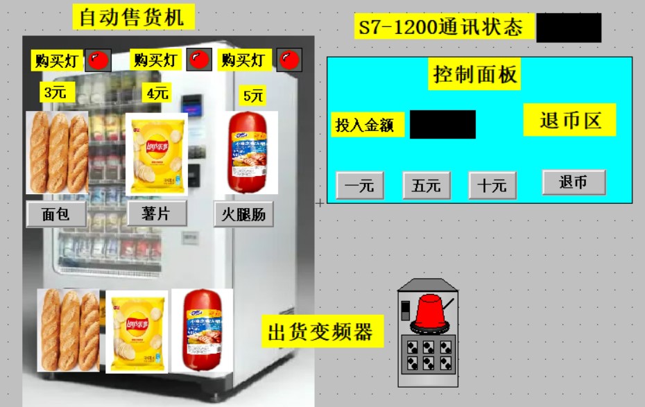 售货机2西门子S7-1200PLC和MCGS7.7触摸屏程序博途V15带V20变频器