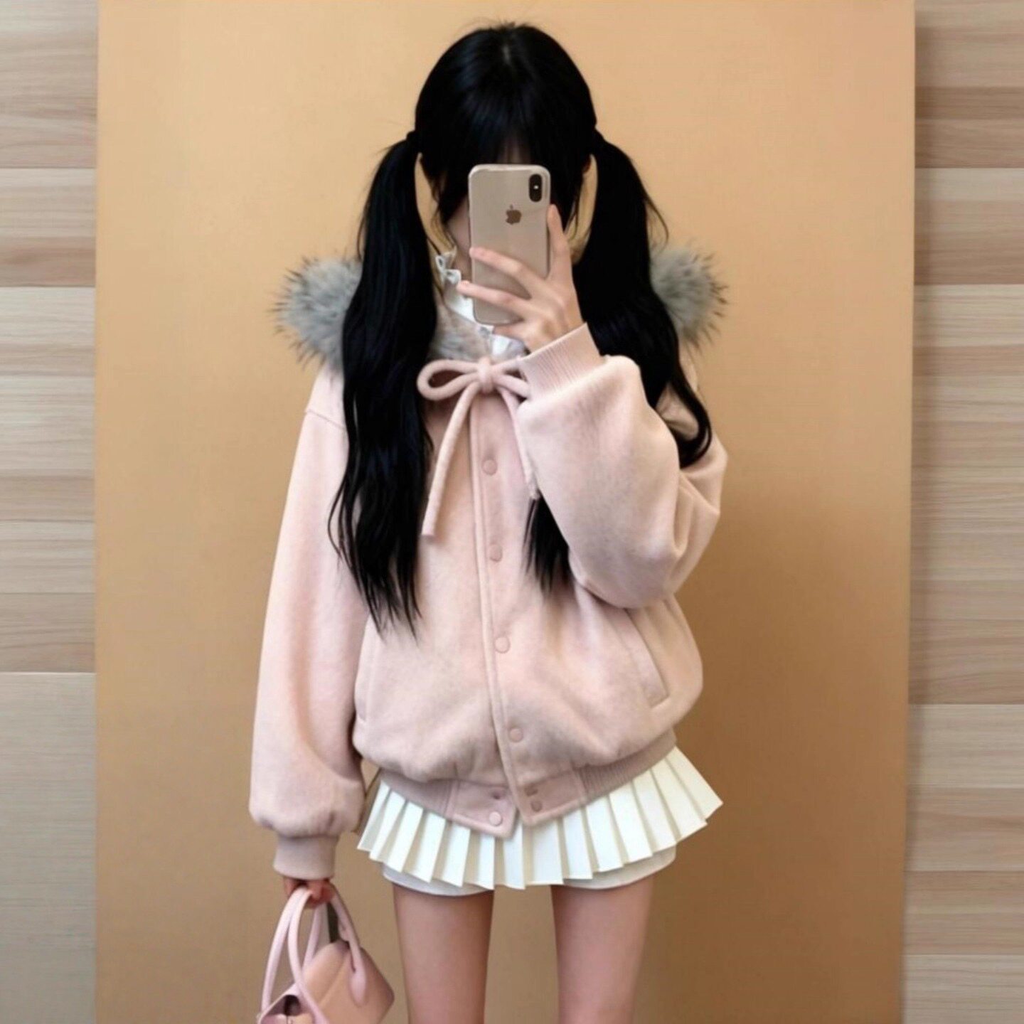 【现货】蝴蝶结绑带粉色大毛领外棉衣/棉服