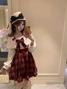 【现货】森女系想去海边 暖色圣诞 可爱甜美一字肩红格子连衣裙
