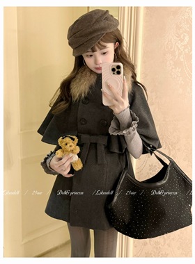 【现货】DOLL恋恋日记-真貉子毛领深灰色呢大衣女冬季千金风外套