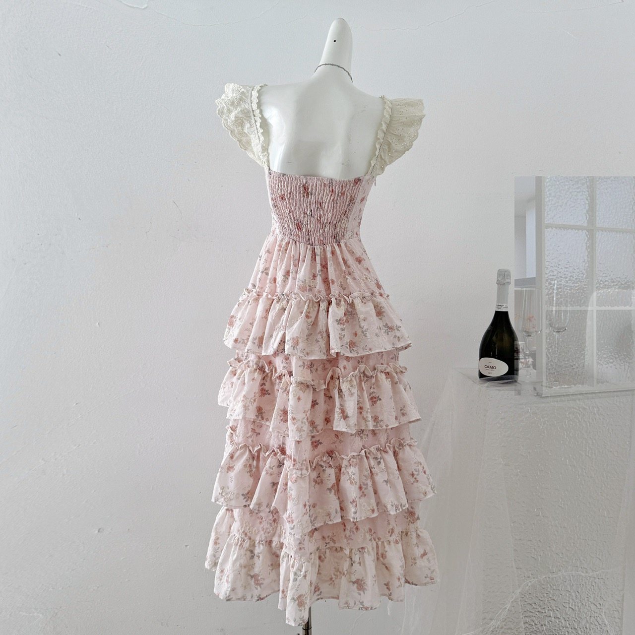 【现货】樱织花翎 精致甜美小飞袖温柔碎花收腰公主连衣长裙