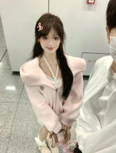 【现货】QDQD 白色圈圈外套甜美少女感学院风大翻领连帽长袖上衣