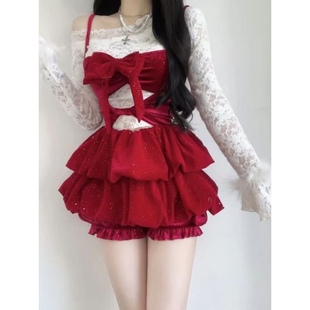 蕾丝上衣吊带连衣裙女秋收腰公主裙套装 南理香圣诞结法式 现货