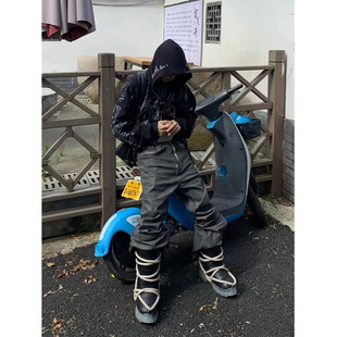 美式高街RO风做旧压黑灰微喇叭牛仔裤潮牌复古洗水堆积拖地裤子