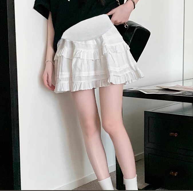 여름 스포츠 슈트 임부복 스커트 패셔너블한 연령 감소 플리츠 배 지지 스커트 투피스 세트 얇은 반팔 티셔츠