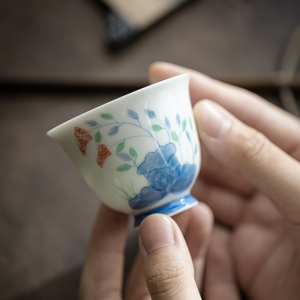 手绘天竺品茗杯 功夫茶具白瓷小茶杯家用公室客杯品杯