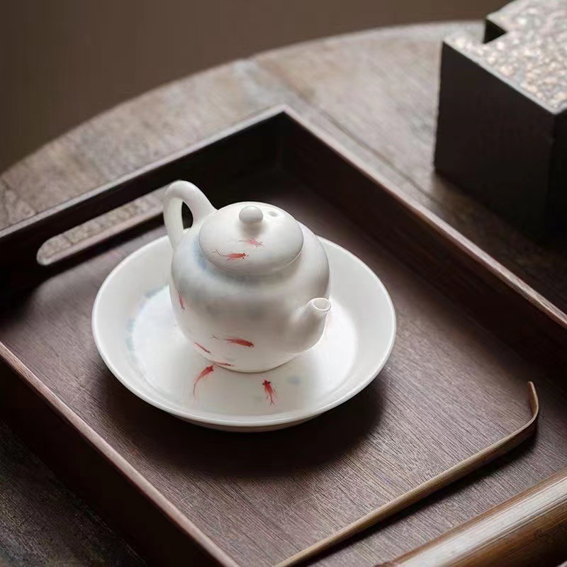手绘白汝窑茶壶壶承 虾戏荷塘手抓泡茶壶 陶瓷开片文人茶器泡茶