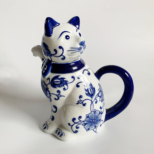 青花瓷卡通陶瓷动物茶壶下午茶咖啡壶猫咪壶凉水壶随手壶茶室摆件
