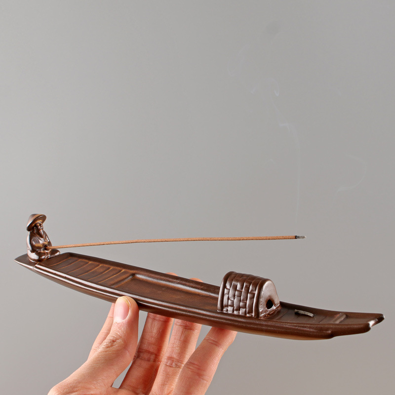 创意复古渔船香插陶瓷香插香座线香卧点插香器檀香托盘家用佛具