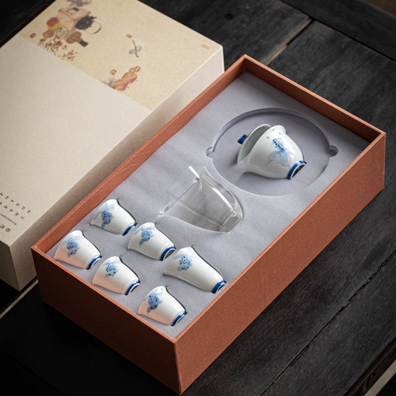 手绘水墨锦鲤功夫茶具白瓷釉下精工手作金鱼盖碗茶杯茶具送礼套组