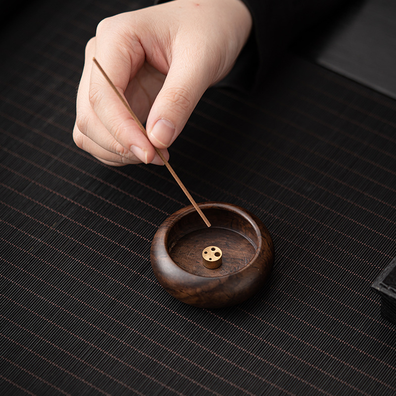 胡桃木钵式禅意香炉 家用香薰炉线香插供奉檀香茶道室内插香座