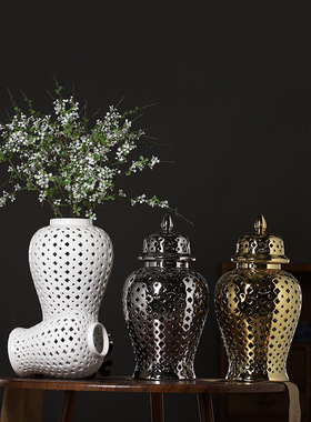 镀银镀银白色陶瓷花瓶将军罐插花器客厅餐厅桌面装饰摆件小众艺术