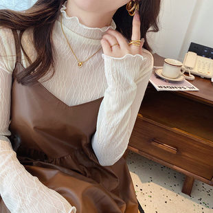 薄款 新款 网纱内搭白色半高领木耳边上衣纱衣 女2025秋季 蕾丝打底衫