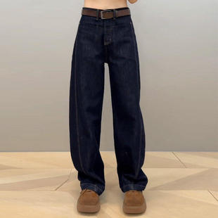 女2025春秋宽松直筒三本针拖地弯刀裤 丹宁色香蕉牛仔裤 高腰阔腿裤