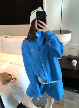 蓝色复古毛衣套装女2026新款春秋韩系慵懒休闲外套针织短裤两件套