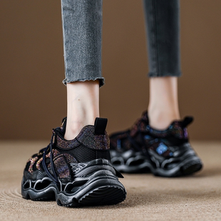 软底轻便欧货爆款 秋季 小个子厚底增高黑色老爹鞋 子女款 复古运动鞋