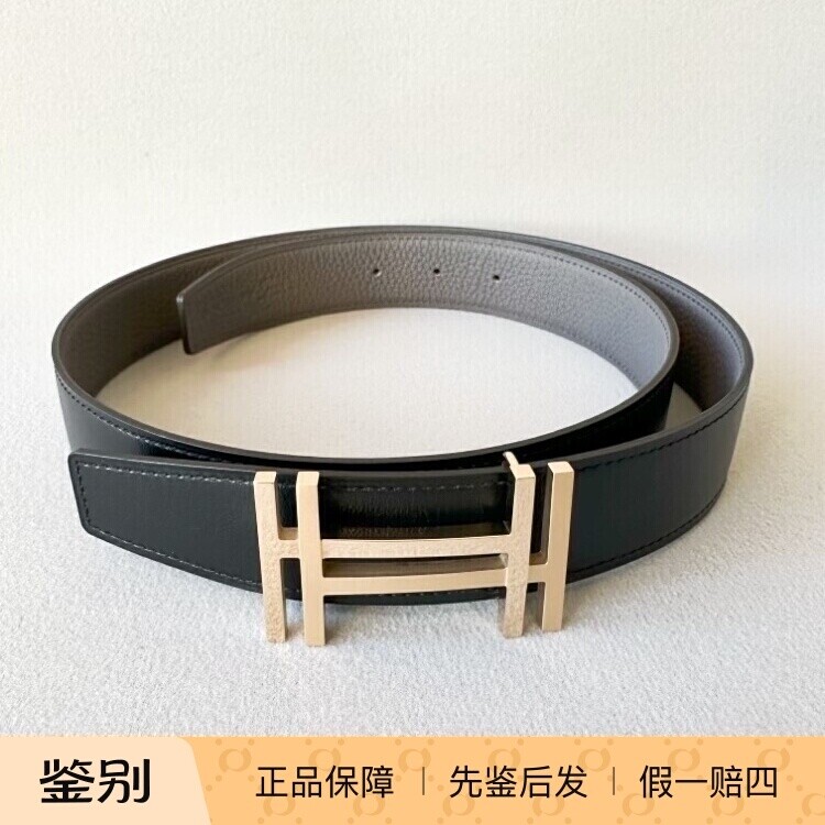 HERMES爱马仕黑色/锡器灰85cm牛皮双面腰带双H金色扣宽3.2cm微疵