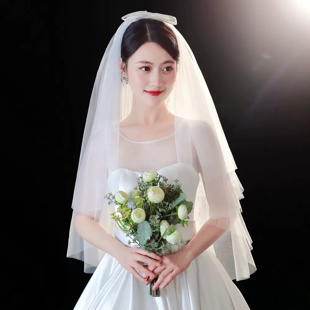 法式风新娘婚纱头纱白色多层超仙头纱