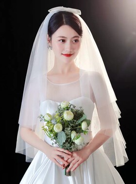 法式风新娘婚纱头纱白色多层超仙森系拍照结婚遮面领证蝴蝶结头饰