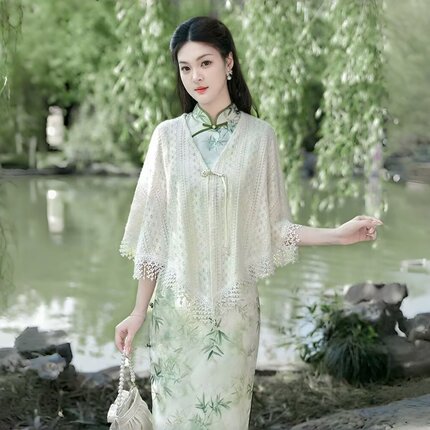 新中式风复古旗袍披肩女镂空流苏针织外搭百搭斗篷外搭春夏外套